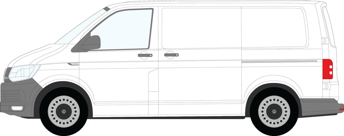 VW Transporter T6.1 side profile showing where each pane of glass sits