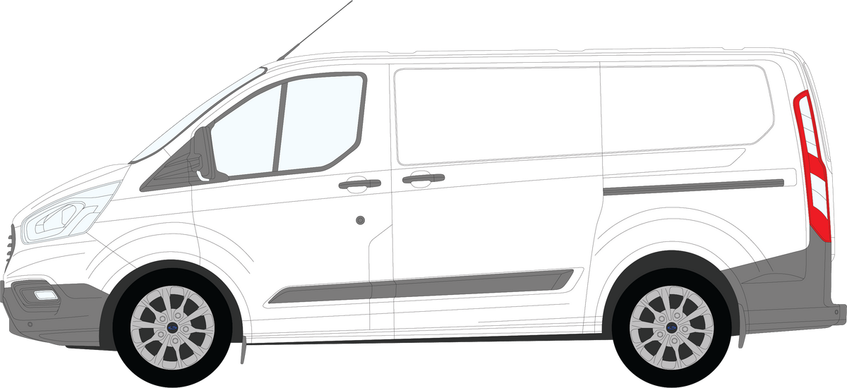 Ford Transit Custom 2014 to 2023 side profile showing where each pane of glass sits
